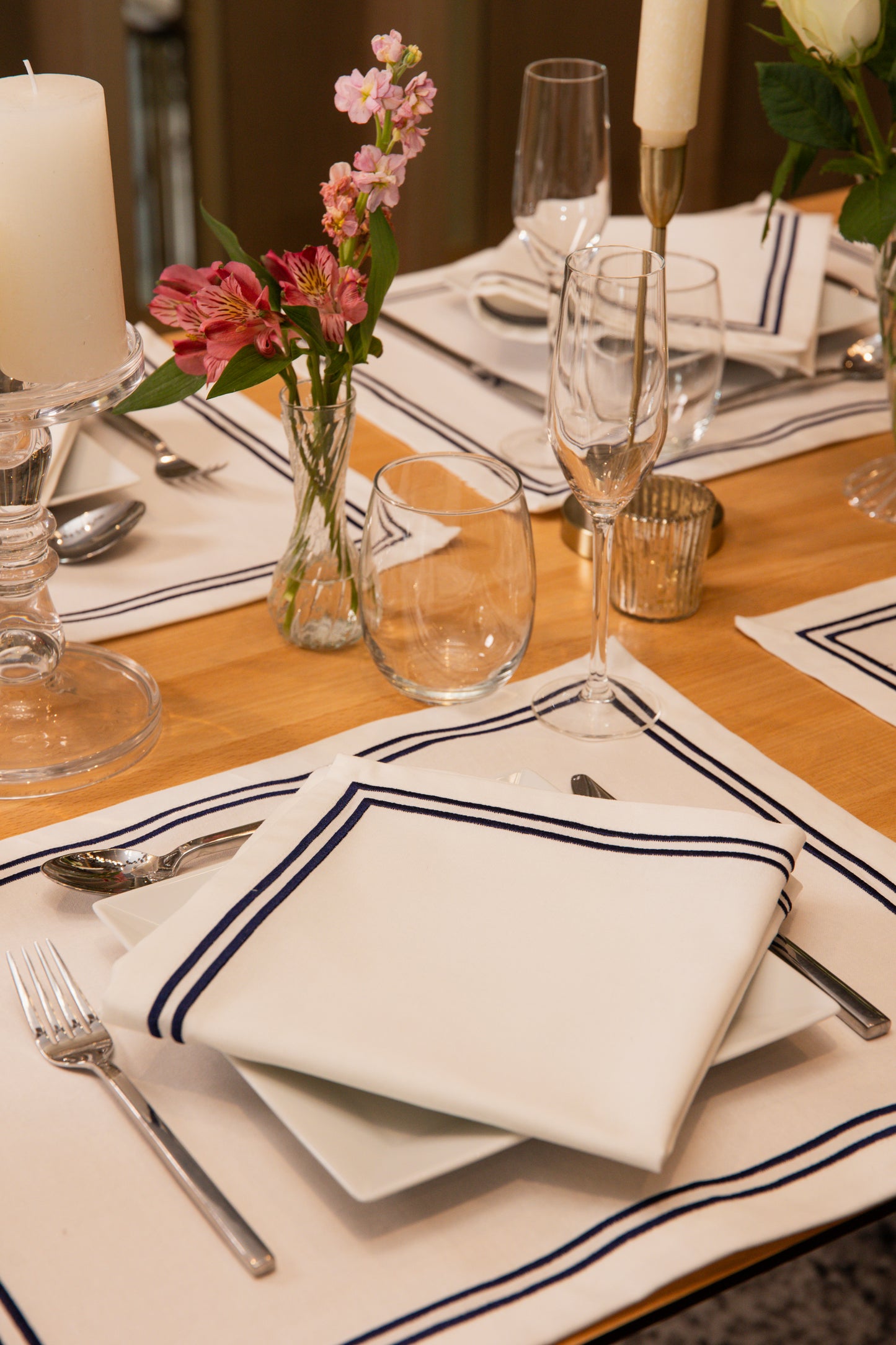 Nelly Rectangle Embroidered Placemats - Ivory/Navy • Set of 2