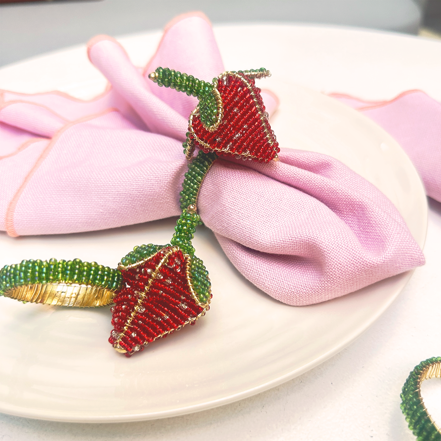 Strawberry Beaded Napkin Rings - Red • Set of 6