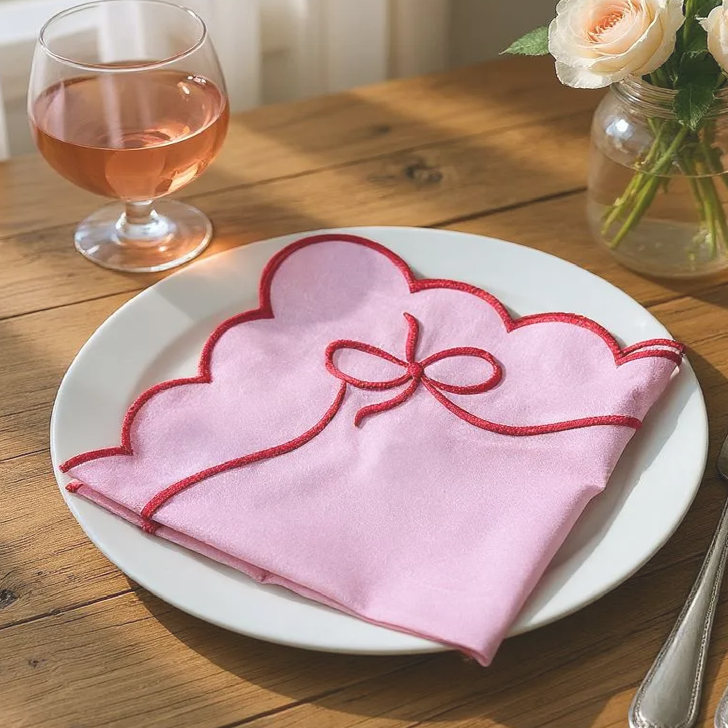 Daphne Cotton Bow Napkins - Pink/Red • Set of 8