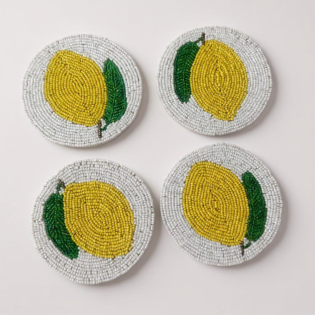 Beaded Lemon Drinks Coasters - White/Yellow • Set of 4