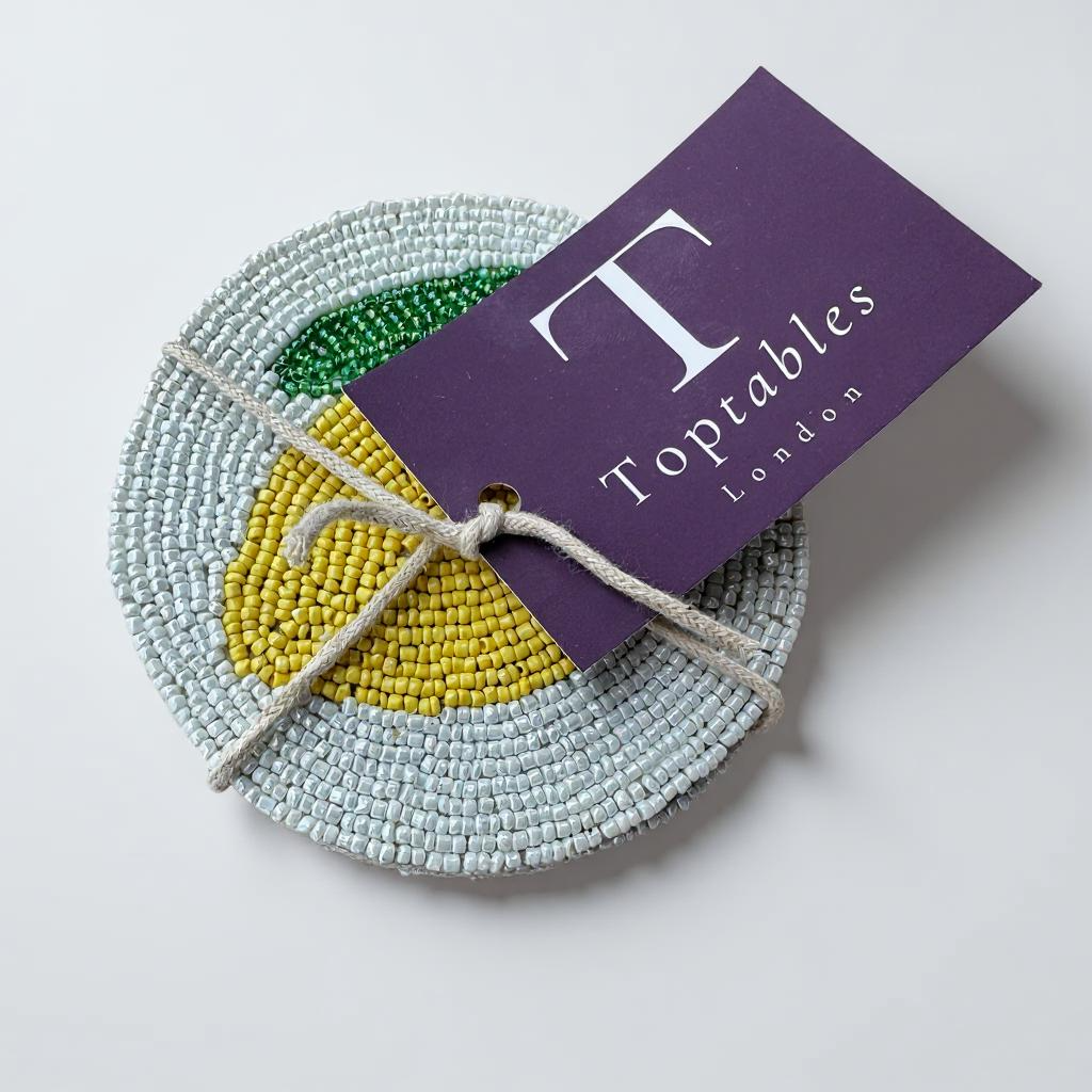 Beaded Lemon Drinks Coasters - White/Yellow • Set of 4
