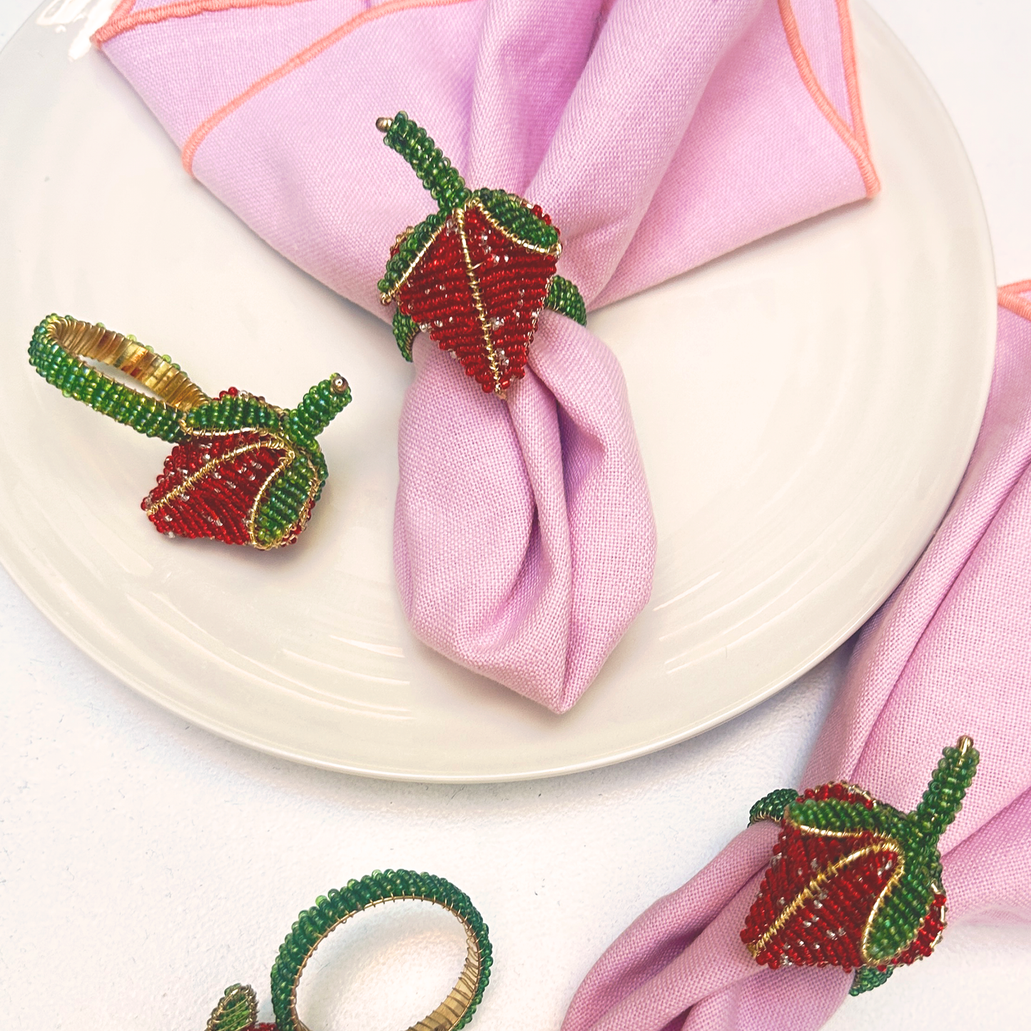 Strawberry Beaded Napkin Rings - Red • Set of Four