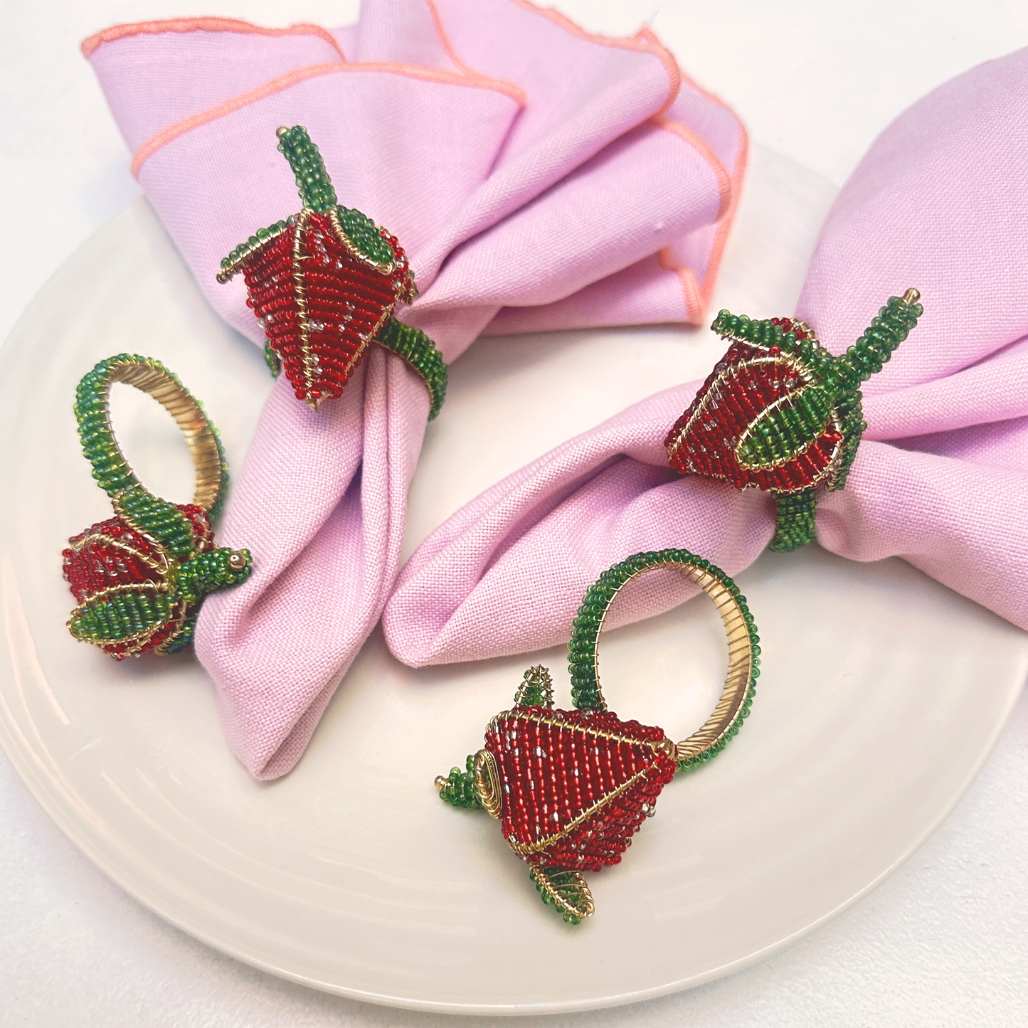Strawberry Beaded Napkin Rings - Red • Set of 6