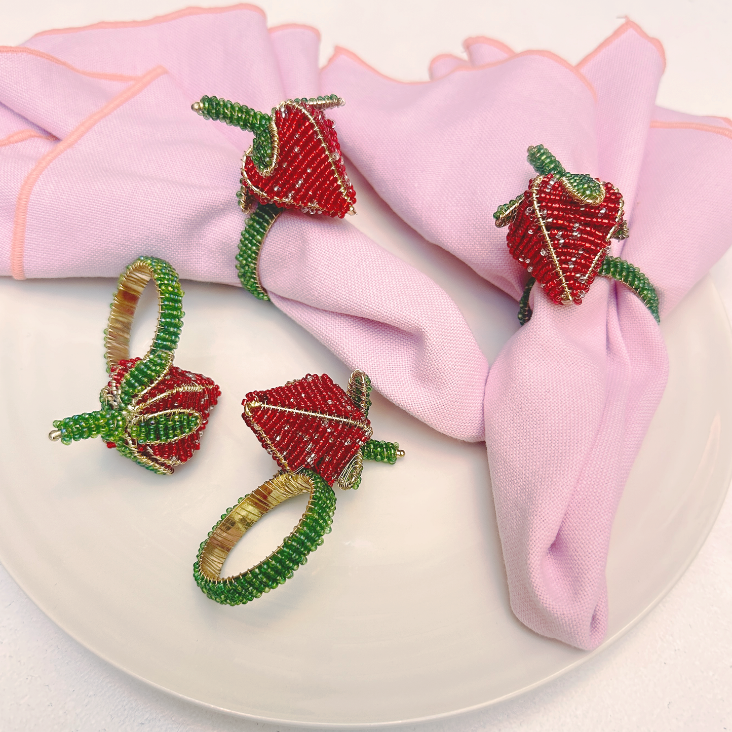 Strawberry Beaded Napkin Rings - Red • Set of 6