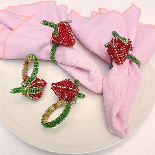 Strawberry Beaded Napkin Rings - Red • Set of Four