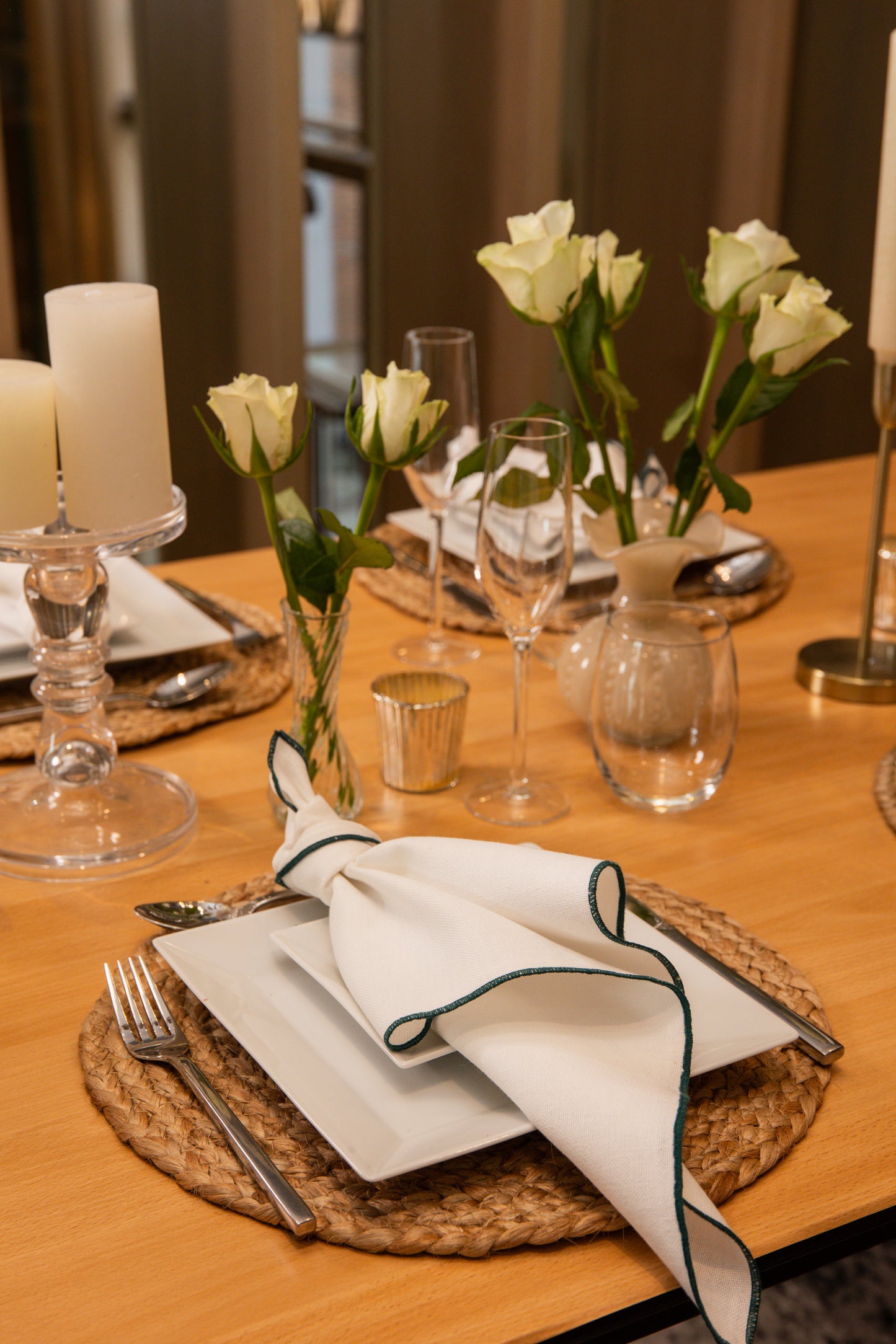 Tilly Cotton Linen Napkins - Ivory/Green • Set of 4