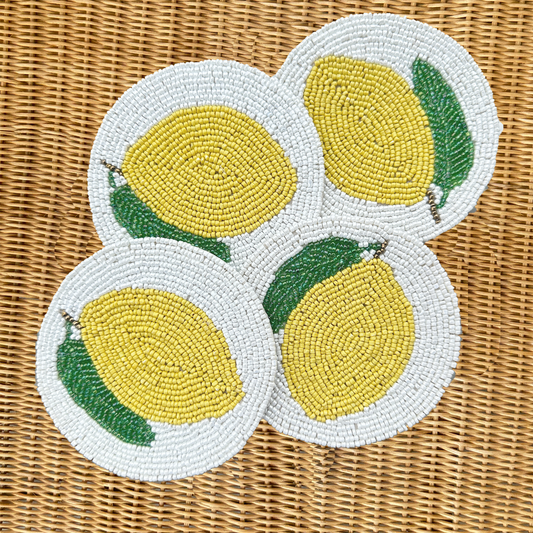 Beaded Lemon Drinks Coasters - White/Yellow • Set of 4