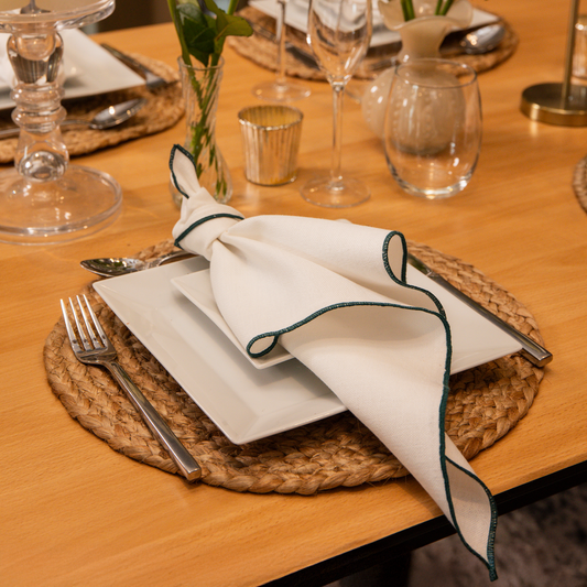 Tilly Cotton Linen Napkins - Ivory/Green • Set of 4