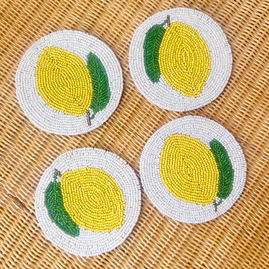 Beaded Lemon Drinks Coasters - White/Yellow • Set of 4