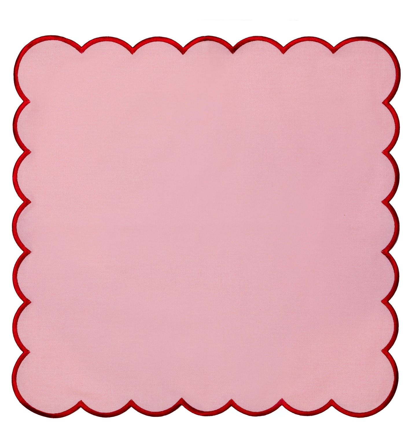top tables scallop napkin with a pink base and red embroidered scallop edges 
