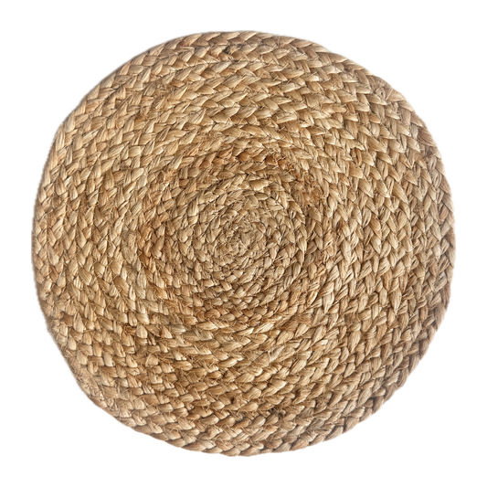 Top Tables hand woven jute placemat on white background. Round with a spiral woven design in natural colour. 